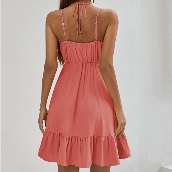 Boho strappy V neck ruffle hem dress pink - Picture 2 of 7